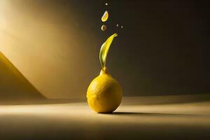 lemon fruit as dripping art in a colorful yellow background photo