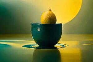 lemon fruit as dripping art in a colorful yellow background photo