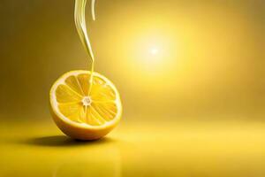 lemon fruit as dripping art in a colorful yellow background photo