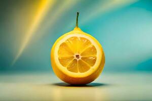 lemon fruit as dripping art in a colorful yellow background photo