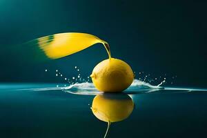 lemon fruit as dripping art in a colorful yellow background photo