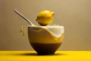 lemon fruit as dripping art in a colorful yellow background photo