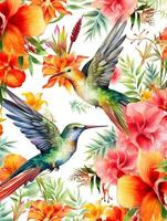 Small hummingbird and tropical flowers pattern photo