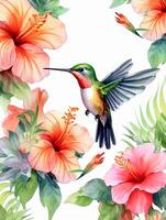 Small hummingbird and tropical flowers pattern photo