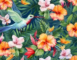 Small hummingbird and tropical flowers pattern photo