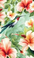 Small hummingbird and tropical flowers pattern photo