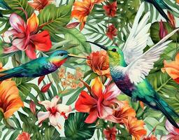 Small hummingbird and tropical flowers pattern photo