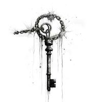 Black ink brush of a key in a chain photo