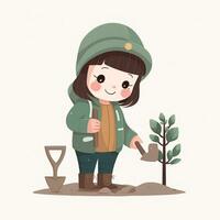 Cute girl planting a small tree with a shovel photo