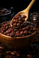 a wooden spoon of java beans flying over dark background photo