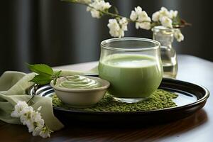 matcha green tea served on the table photo