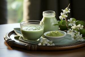 matcha green tea served on the table photo