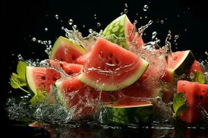 Watermelon ripe with flying splash photo