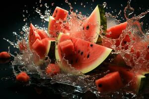 Watermelon ripe with flying splash photo