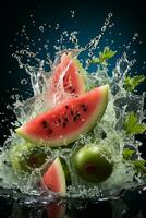 Watermelon ripe with flying splash photo