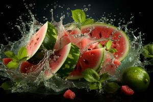 Watermelon ripe with flying splash photo