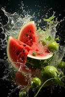 Watermelon ripe with flying splash photo