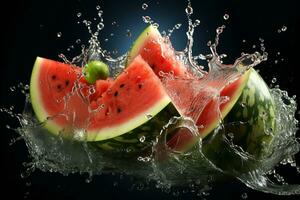 Watermelon ripe with flying splash photo