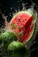 Watermelon ripe with flying splash photo