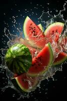 Watermelon ripe with flying splash photo