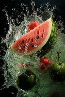 Watermelon ripe with flying splash photo