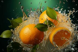 orange ripe with flying splash over a green background photo