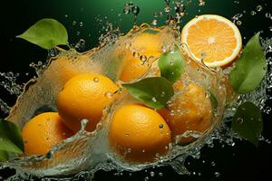 orange ripe with flying splash over a green background photo