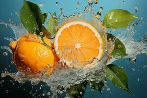 orange ripe with flying splash over a green background photo