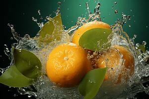 orange ripe with flying splash over a green background photo