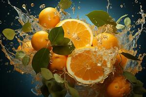 orange ripe with flying splash over a green background photo