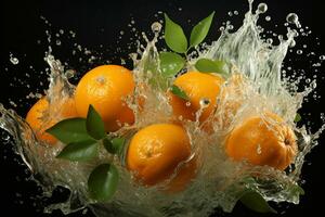 orange ripe with flying splash over a green background photo