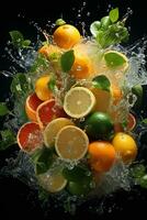 orange ripe with flying splash over a green background photo