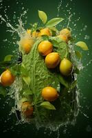 orange ripe with flying splash over a green background photo