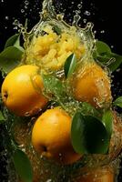 orange ripe with flying splash over a green background photo