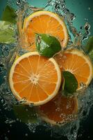 naranja maduro con volador chapoteo terminado un verde antecedentes foto