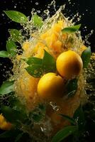 orange ripe with flying splash over a green background photo