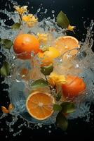 orange ripe with flying splash over a green background photo