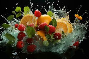 el frutas de diferente variedades rebanadas que cae fuera de agua foto