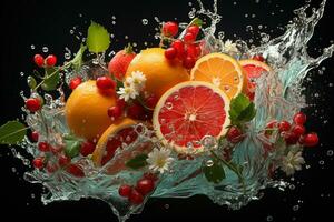 the fruits of different varieties slices falling out of water photo