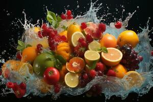 the fruits of different varieties slices falling out of water photo