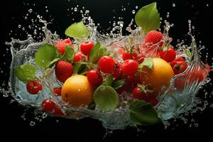 the fruits of different varieties slices falling out of water photo