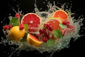 the fruits of different varieties slices falling out of water photo