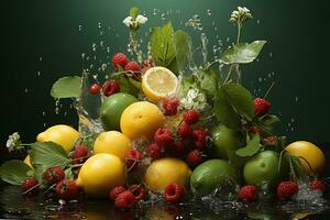 the fruits of different varieties slices falling out of water photo