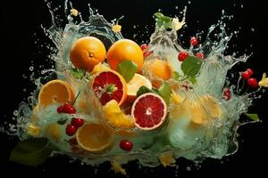 the fruits of different varieties slices falling out of water photo
