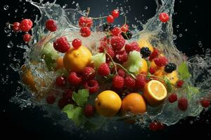 the fruits of different varieties slices falling out of water photo