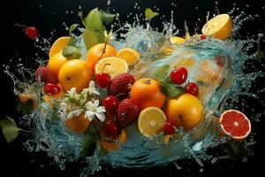 the fruits of different varieties slices falling out of water photo