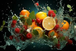 the fruits of different varieties slices falling out of water photo