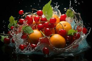 the fruits of different varieties slices falling out of water photo