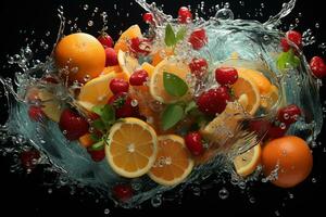 the fruits of different varieties slices falling out of water photo