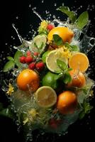 the fruits of different varieties slices falling out of water photo